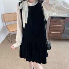 批发韩系2026冬季新款时尚立领蝴蝶结波点衬衫+<b class='q'>丝绒</b>背心裙两件套女潮