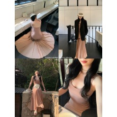 批发野哥不野 纯色垂感u领<b class='q'>网纱</b>连衣裙女春夏2025年新款长款修身吊带裙