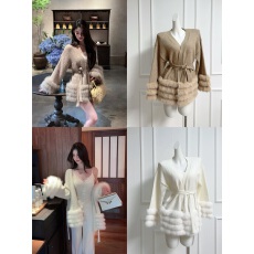 批发FairyJiang 秋季真狐狸毛皮草针织开衫外套女中长款收腰白色毛衣