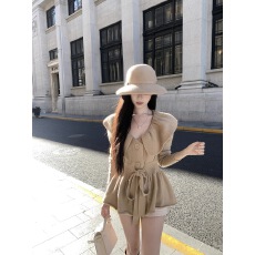 批发kubiliv温莎之梦羊毛法式<b class='q'>荷叶边</b>收腰系带卡其色针织上衣外套