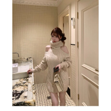 批发M900高领露背套头<b class='q'>连衣裙</b>女秋冬纯欲<b class='q'>宽松</b>长袖露肩外穿针织包臀裙