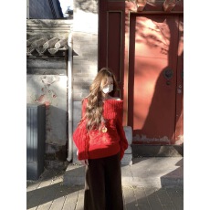 Xxiiuu 绯绒潮露 秋冬新款慵懒一字肩双色麻花针织毛衣打底衫上衣