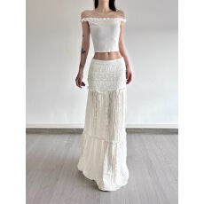 批发WEEKEEP 波嬉风纯色木耳边重工蕾丝<b class='q'>半身裙</b>低腰宽松A摆显瘦长<b class='q'>裙</b>