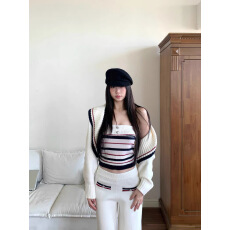 批发WITHMIN 三件套女秋季新款短款针织开衫女抹胸低腰休闲长裤女<b class='q'>套装</b>