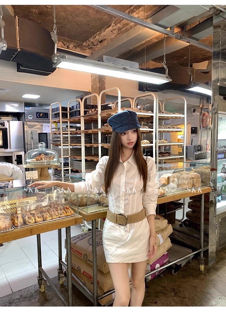 skk store lisa 같은 단락 가벼움 호흡 센스 휴가 긴팔 주름 폴로 칼라 셔츠 여성 드레스 봄