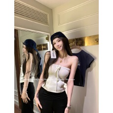 批发3.12/20点夏令时抹胸女春纯欲收腰显瘦辣妹口袋针织上衣