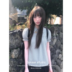 批发学院风<b class='q'>格子衬衫</b>短袖女夏季穿搭泡泡袖格纹衬衣显瘦甜美多巴胺上衣