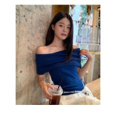 批发宋正恩蓝色一字肩针织短袖<b class='q'>t</b><b class='q'>恤</b>女夏季新款修身辣妹露肩显瘦小上衣
