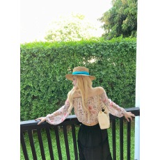 批发ffcheer 山野柔风 法式小资漂亮上衣<b class='q'>一字肩</b>长袖雪纺碎花衬衫女