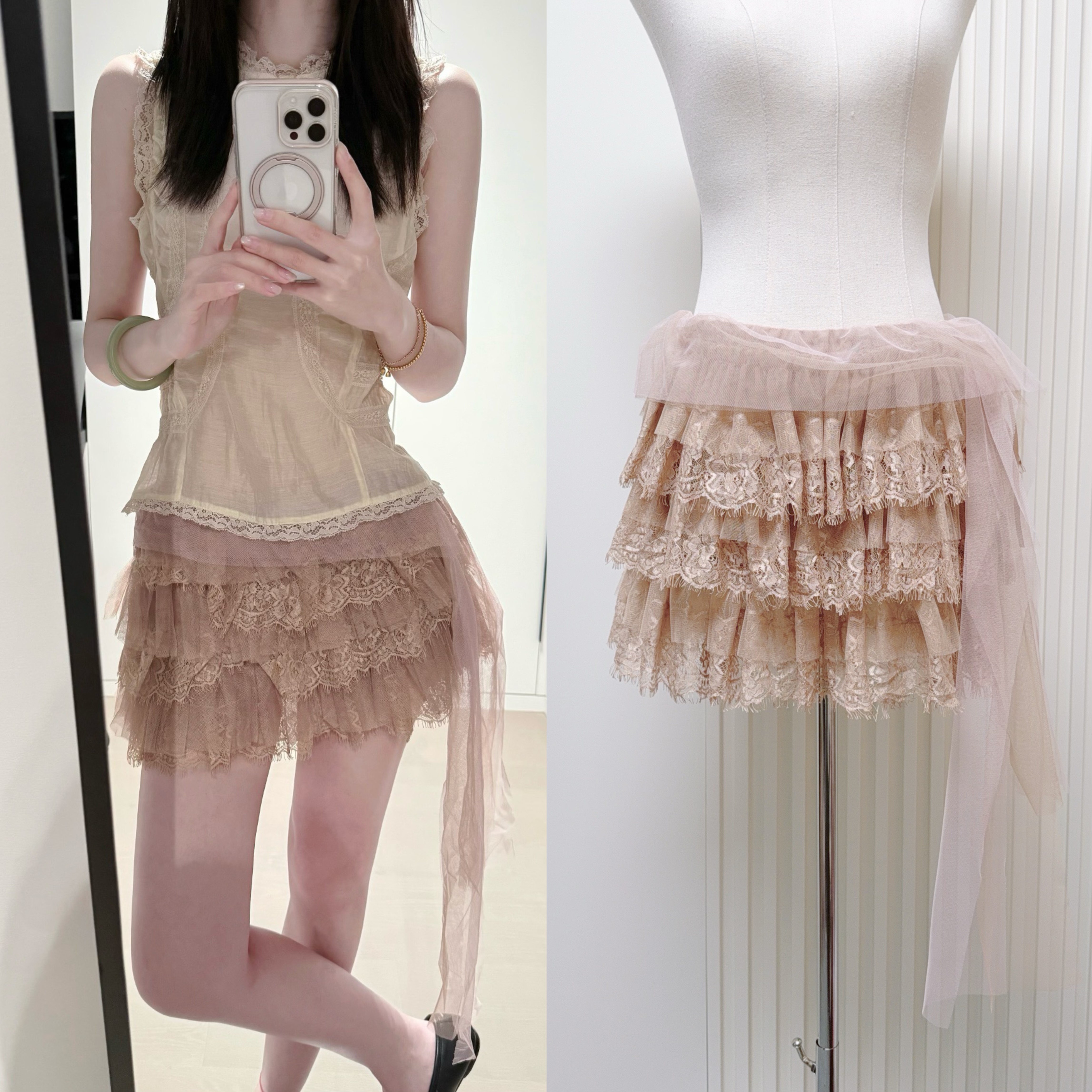 viapitti 디자인 센스 무거운 레이스 조각 다용도 리본 반신 스커트 여성 의류 봄 얇고 가벼운 케이크 드레스