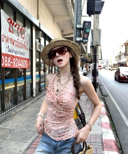 ashy snow 분말 안개 도트 무늬 망사 V넥 비틀림 디자인 행침 목 민소매 맨위 계피 가루 헤일로 염색 식물 플러시