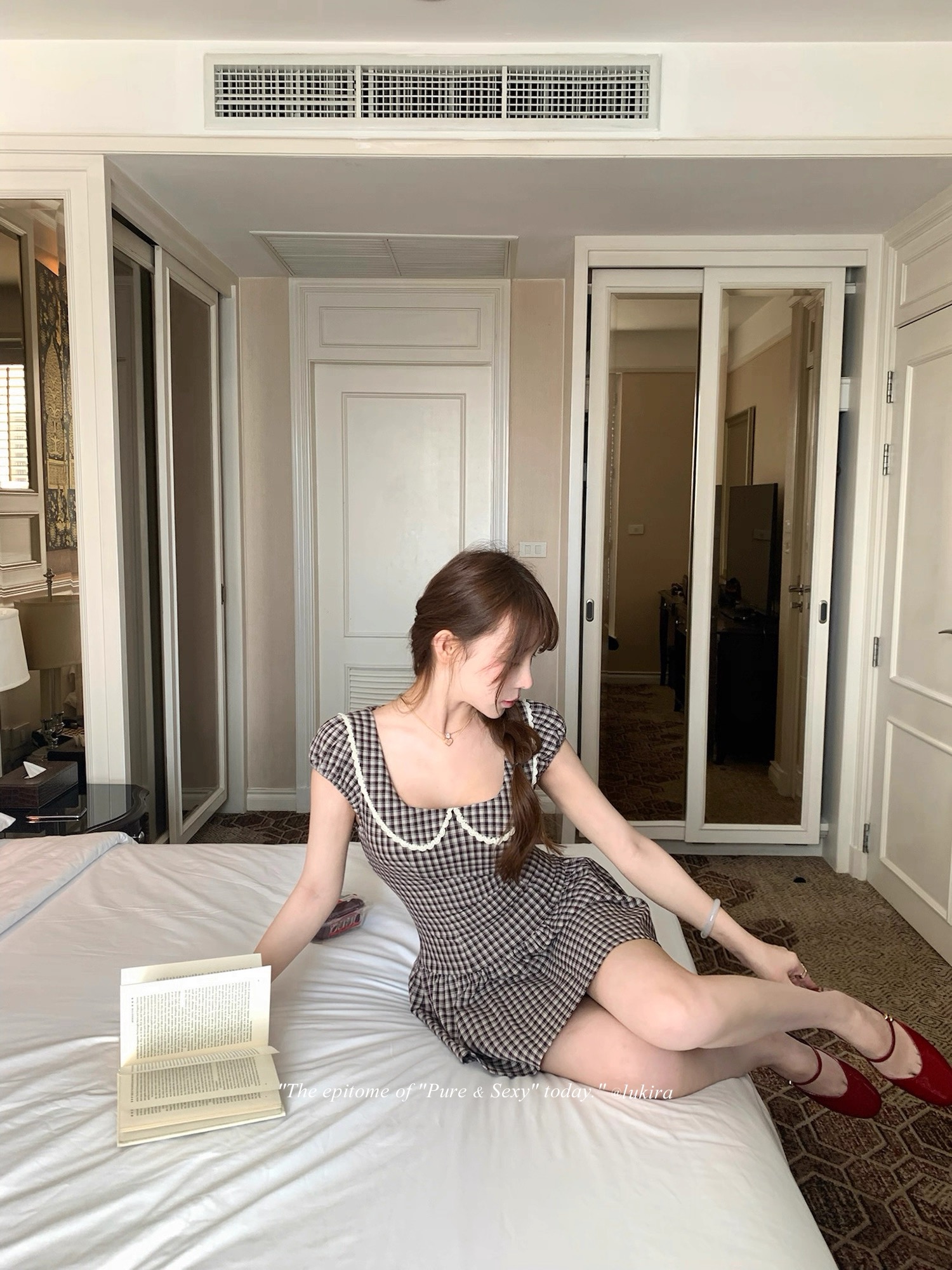 lukira 체크무늬 학원 프랑스식 레트로 버블 반팔 체크무늬 여성 드레스 여름 허리 수축 미니 스커트