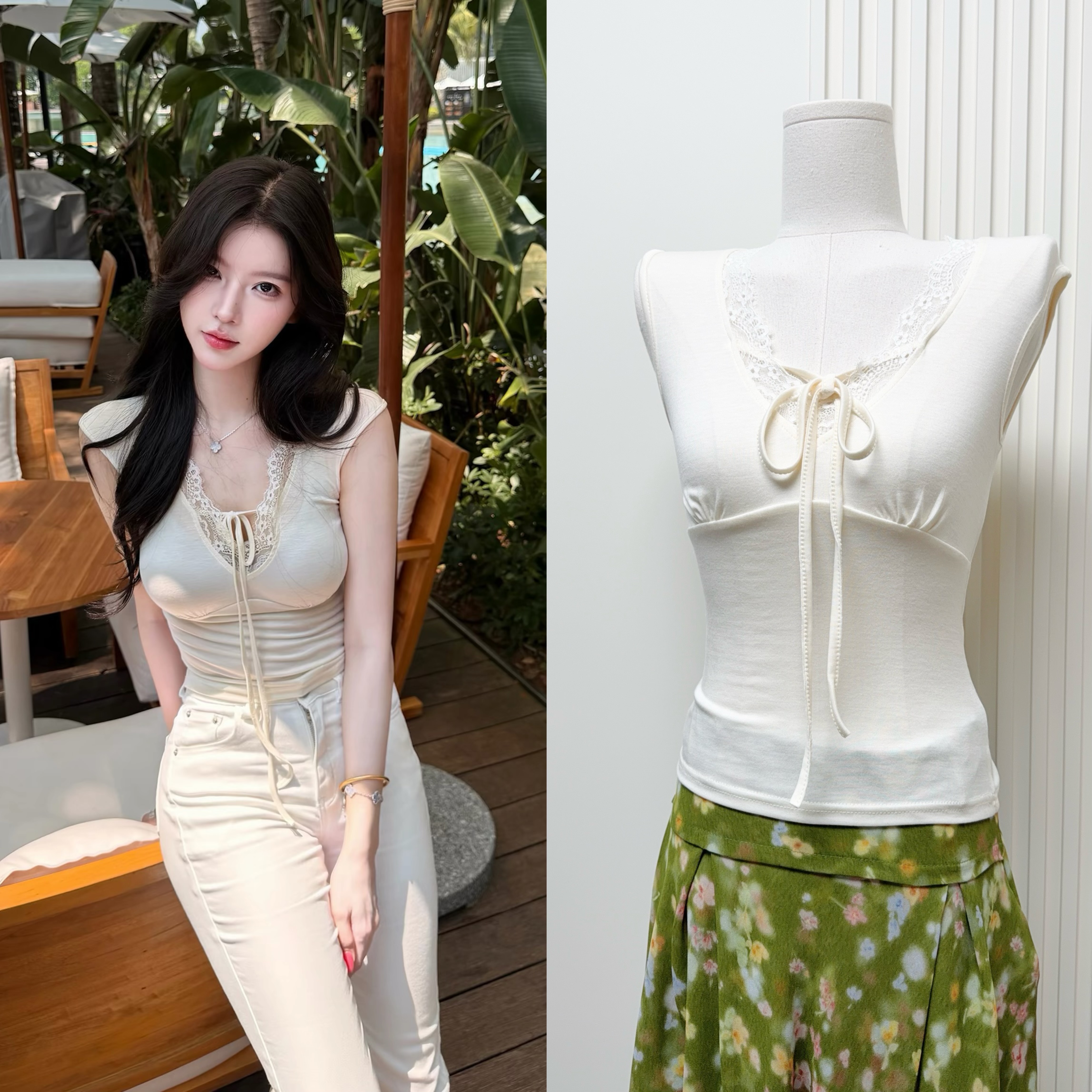 fart shop 레이스 소녀 라이 경기 서울 레이스 레이스 순수한 욕망 레이스업 티셔츠 여성 봄 여름 V넥 맨위