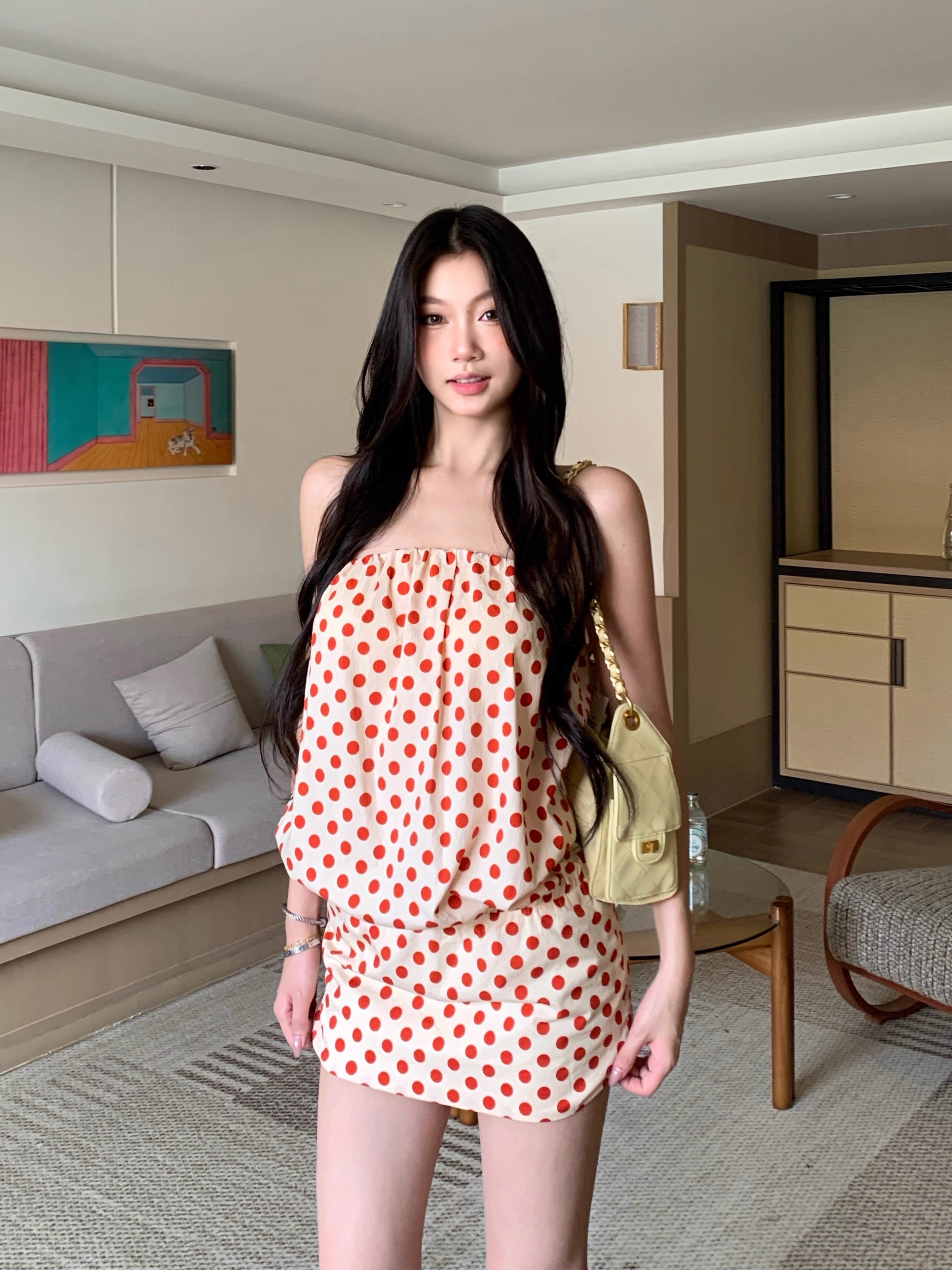 withmin 도트 무늬 튜브탑 여성 드레스 2026 여름 새로운 주름 타이트 스커트 섹시함 핫걸 타이트 스커트 미니 스커트
