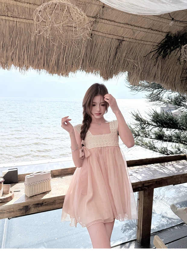 kubiliv 화이트 복숭아 우롱 차 핑크색 무거운 작업 광장 칼라 레이스 조각 슬립 드레스 슬림해 보이는 짧은 치마