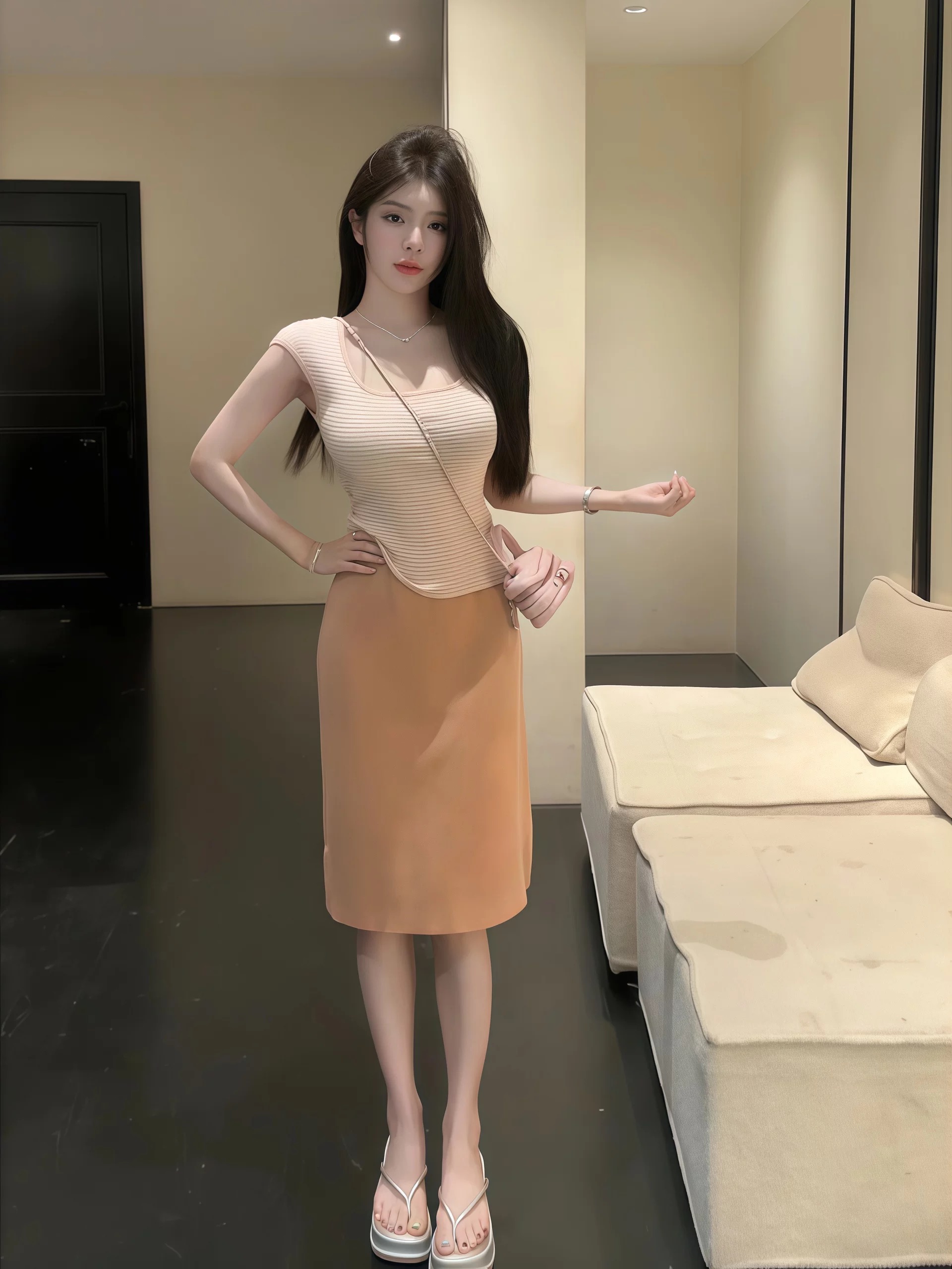 huihui 새로운 다용도 반신 스커트 미니멀리즘 단색 니트 고급 센스 세트