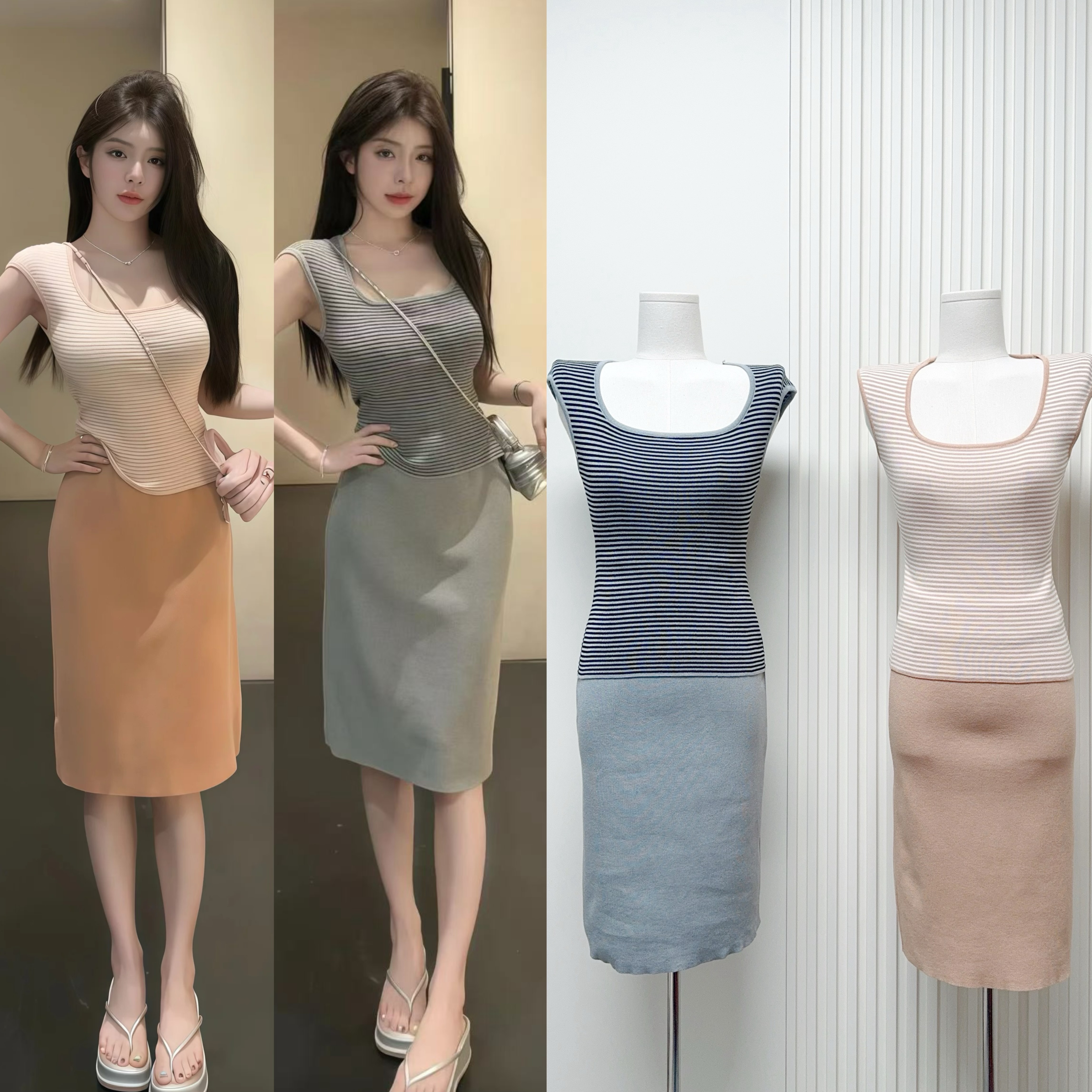 huihui 새로운 다용도 반신 스커트 미니멀리즘 단색 니트 고급 센스 세트