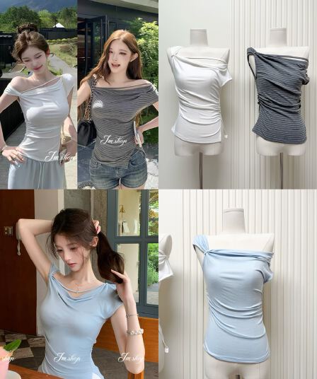 jmshop 심장 마비 커브 비스듬한 어깨 칼라 깨진 Pleat 허리 수축 트임 반팔 티셔츠 여름 몸매 가꾸기 다용도