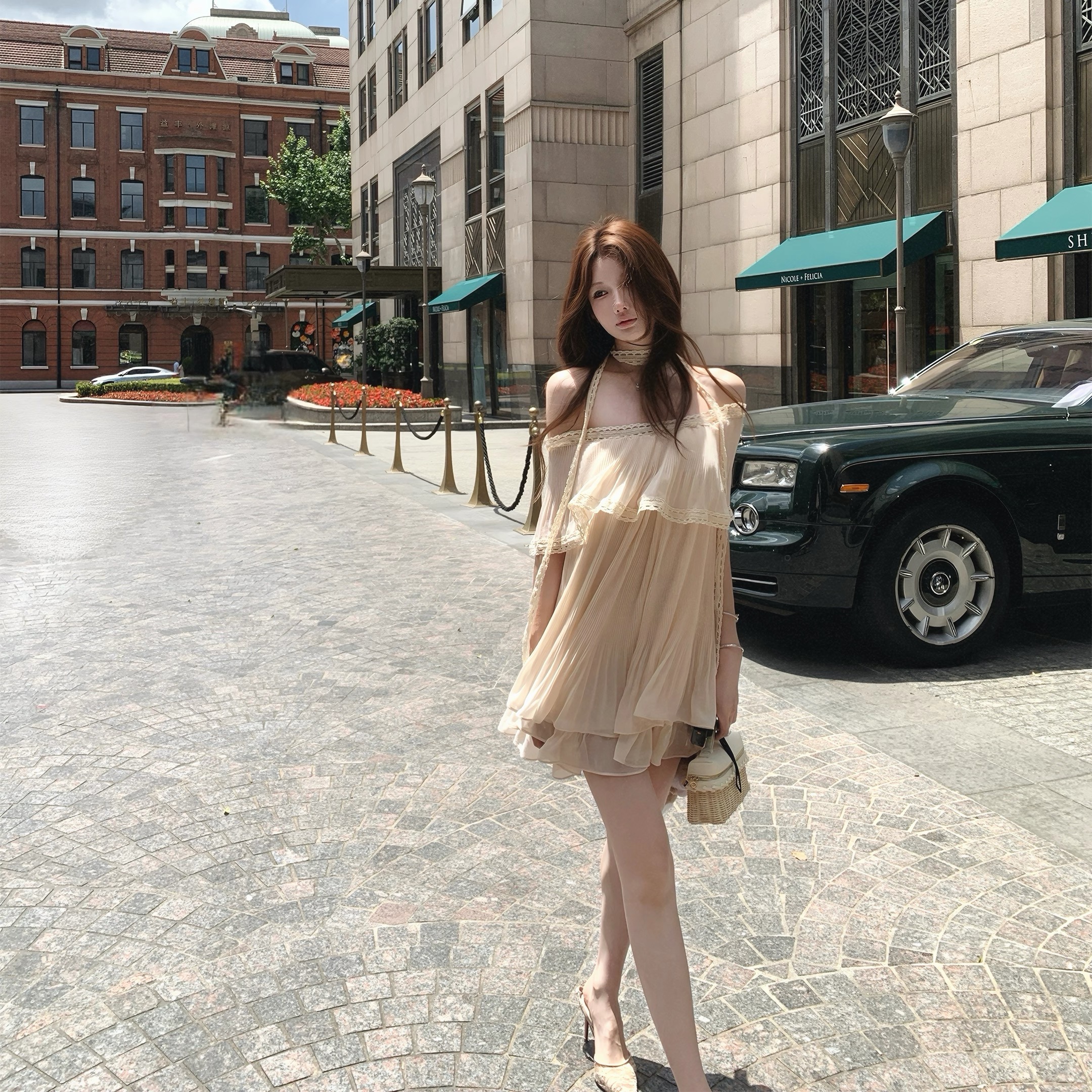 bigking 다이 킨 홈 감기 흰 꽃 순수한 욕망 오프숄더 여성 드레스 여름 플리츠 프릴 치마