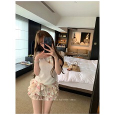 批发Lukira 粉雾花语 碎花荷叶边飘带防透蛋糕<b class='q'>半身</b>裙女夏季蓬蓬短裙