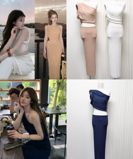 doggyqin 세 하우스 스타일 모방 아마 비대칭 비스듬한 어깨 의류 여름 수직 곡물 질감 센스 반신 치마 세트