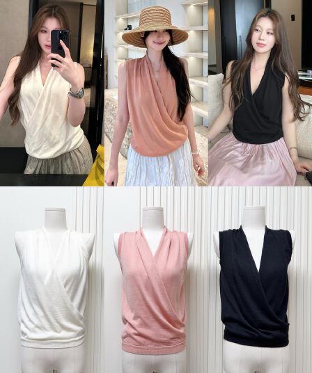 나비 보물 웃음 느슨함 주름 센스 품격 십자가 흔들다 칼라 조끼 디자인 센스 인사이드 가져 가라. 외출용 민소매 맨위 여성 여름