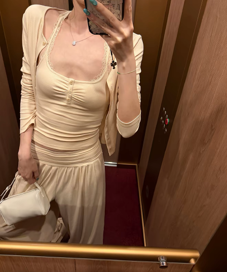 느슨함 휴일 라이 경기 서울 주간 실크 혼방 세트 여성 가을 레이스 캐미솔 오픈 가디건 긴 바지 3종 세트