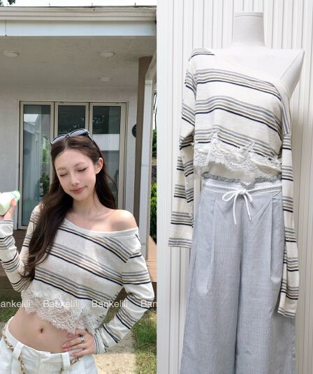 밤나무 코코아 bankelili Jiao 욕망 그리드 새싹 m1u 부서 레이스 조각 긴팔 티셔츠 여성 얇은 스타일 자외선 차단 여성