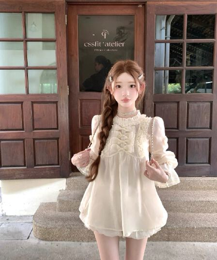 늦게 우산 우산 26 ss 인형 하트 비트 프릴 레이스 레이스 나비 매듭 샴페인 주간 실크 마 여성 셔츠