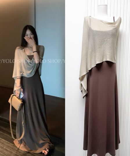 yolo shop 한 부서 느긋한 부드러운 품격 세트 아마 얇은 스타일 숄 몸매 가꾸기 허리 수축 슬립 드레스