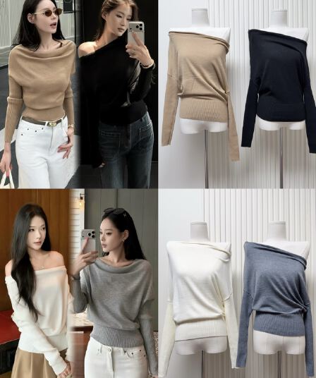 5werkwen 부드러운 지능 자매 오프숄더 비스듬한 어깨 흔들다 칼라 기타 착용 법 풀오버 느긋한 슬림해 보이는 니트 스웨터