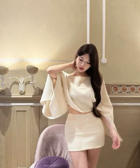 프랑스식 고급 센스 비스듬한 칼라 로얄 자매 품격 세트 미니 스커트 빛 예복 휴가 바람 착용 가져 가라.