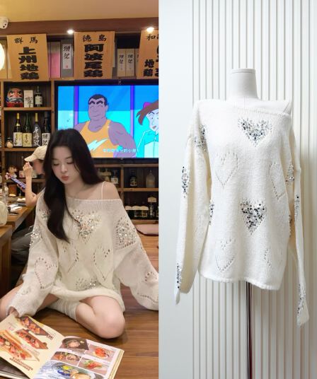 천 가져 가라. 가져 가라. banana 하트 스팽글 홀로우 아웃 니트 스웨터 여성 가을 느긋한 디자인 센스 루즈핏 다용도 스웨터