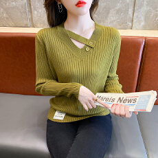 批发实拍V领露锁骨内搭<b class='q'>上衣</b>女2026秋冬韩版加厚设计感长袖打底针织衫