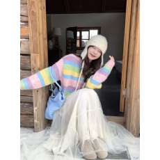 批发实拍 韩系多巴胺<b class='q'>条纹</b>毛衣外套软糯针织开衫+杏色网纱高腰蛋糕<b class='q'>裙</b>