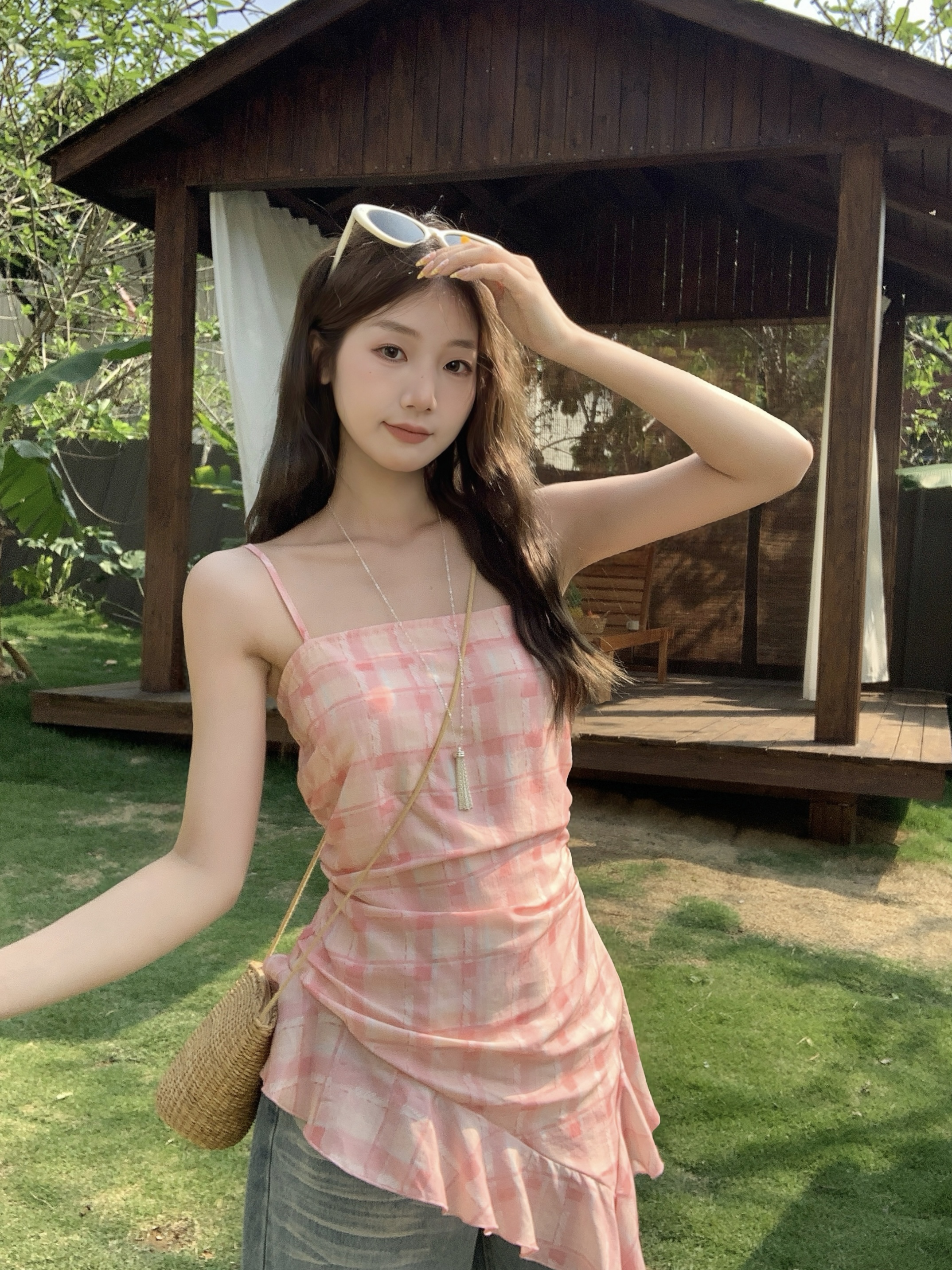 실사 26 년 새로운 복숭아 여자 친구 여름 휴가 바람 핑크색 체크무늬 불규칙 리본 조끼 작은 셔츠