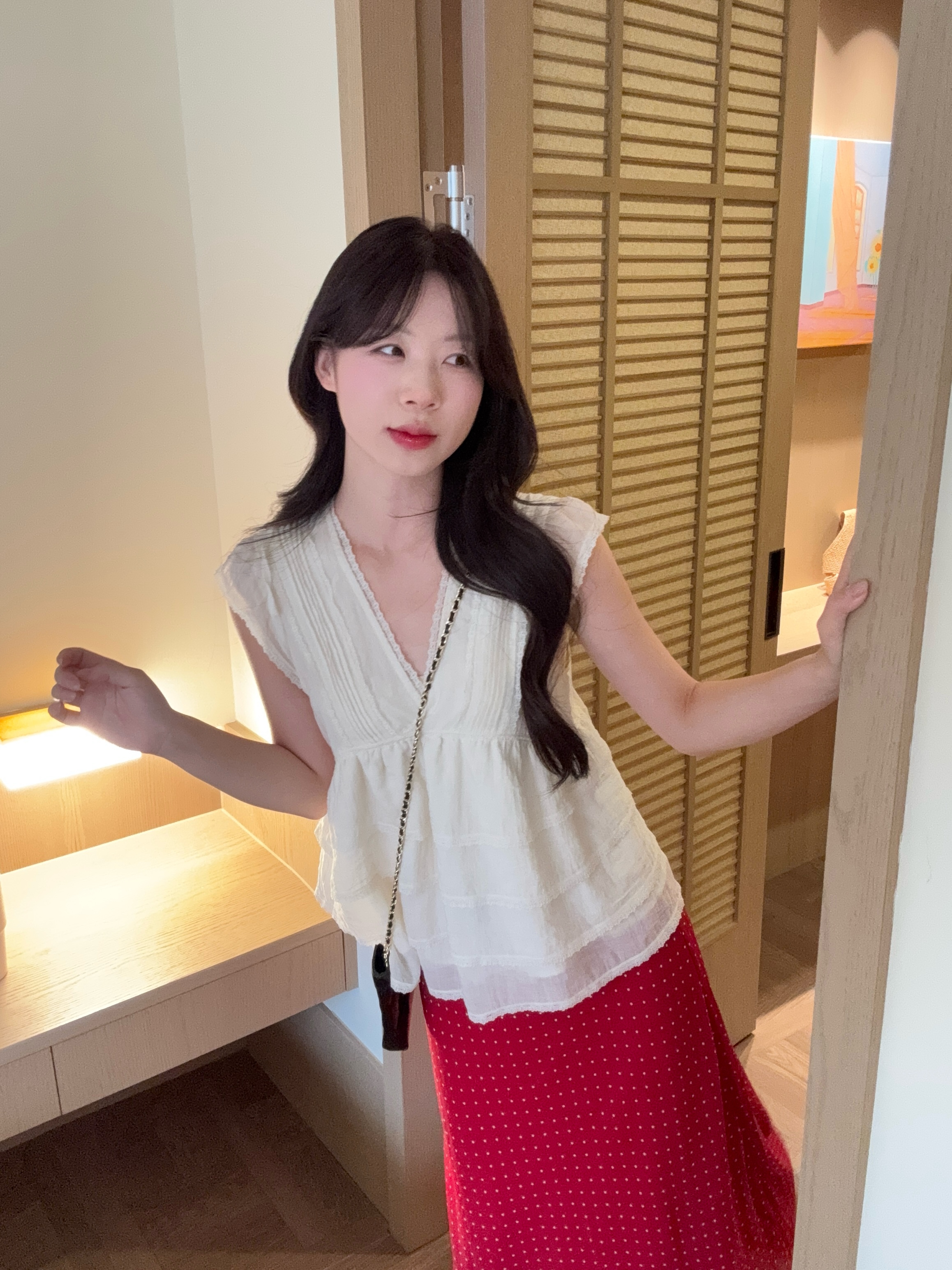 실사 한 부서 레이스 맨위 V넥 프릴 작은 날다 소매 케이크 밑단 품격 도트 무늬 쉬폰 반신 스커트