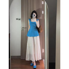 批发实价纯欲方领无袖t恤背心外穿初夏搭配大摆裙<b class='q'>蓬蓬</b>裙显瘦套装