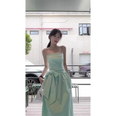 批发实价薄荷绿抹胸<b class='q'>连衣裙</b>女2026春季收腰<b class='q'>蝴蝶结</b>设计感漂亮长裙子