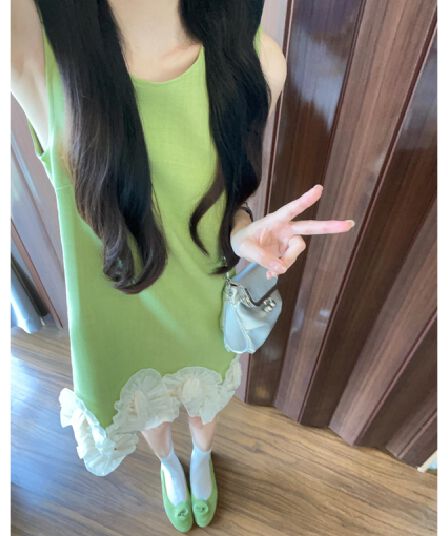 정가 재고 있음 센 부서 작은 키 버터 과일 녹색 레이스 레이스 드레스 달콤함 연령 감소 민소매 조끼 치마