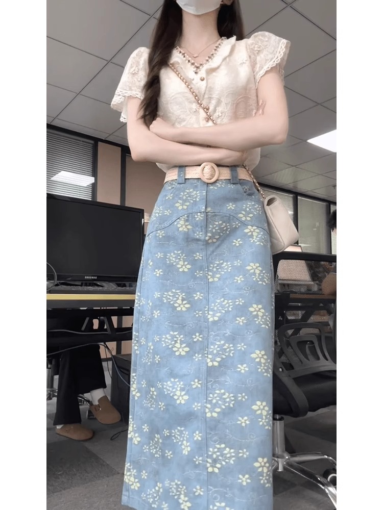정가 새로운 중식 여성 2026 년 여름 국풍 레이스 Feifei 소매 맨위 자수 반신 스커트 투피스 세트