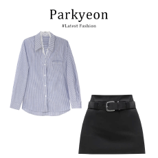 实价夏季翻领蕾丝拼接长袖条纹衬衫高腰纯欲包臀短裙两件套女