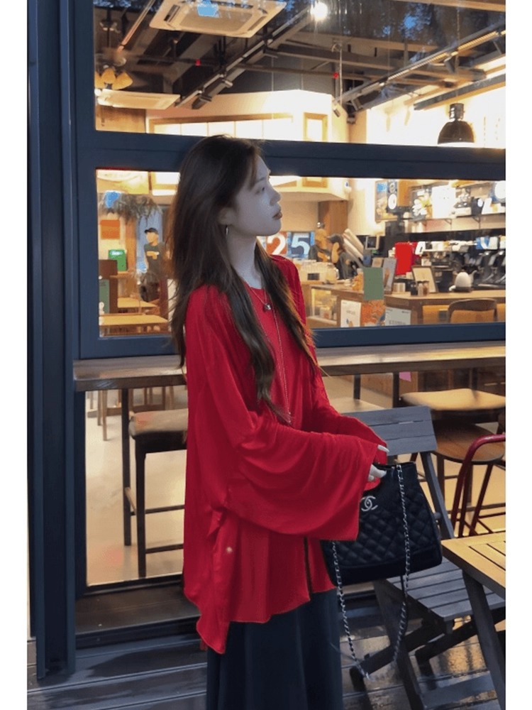 정가 느긋한 느슨함 센스 착용 가져 가라. 전체 집합 빅 사이즈 빨간색 루즈핏 긴팔 자외선 차단 맨위 반신 스커트