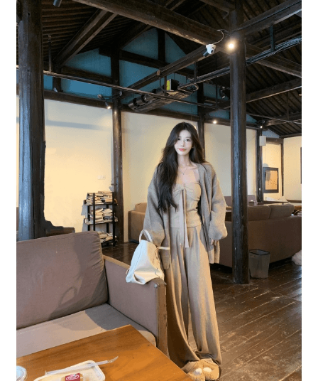정가 재고 있음 한국 스타일 부드러운 바람 다용도 오픈 가디건 나비 매듭 니트 스웨터 맨위 스트레이트 캐주얼 바지 세 조각 여성 세트