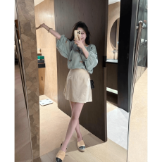 批发实价有货韩系chic薄款泡泡袖圆领衬衫女防走光开叉半身裙两件套