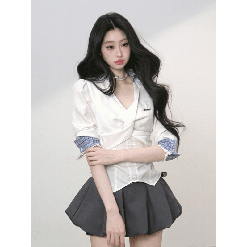 정가 재고 있음 고급 센스 배색 폴로 칼라 체크무늬 패치워크 여성 셔츠 가을 허리 수축 슬림해 보이는 작은 셔츠 맨위