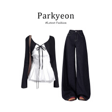 批发实价有货韩系休闲套装女早秋一字领抹胸系带开衫上衣高腰牛仔裤潮