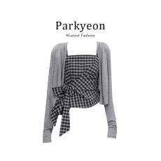 批发实价韩系松弛感套装女<b class='q'>秋</b>季新款格子吊带宽松百搭绑带开衫上衣