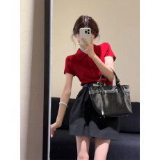 批发实价有货炸街POLO领红色针织衫短款上衣高腰<b class='q'>半身裙</b>胖mm大码套装