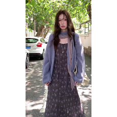 批发实价有货慵懒风紫色飘带软糯毛衣外套搭配碎花吊带<b class='q'>连衣裙</b><b class='q'>两件套</b>